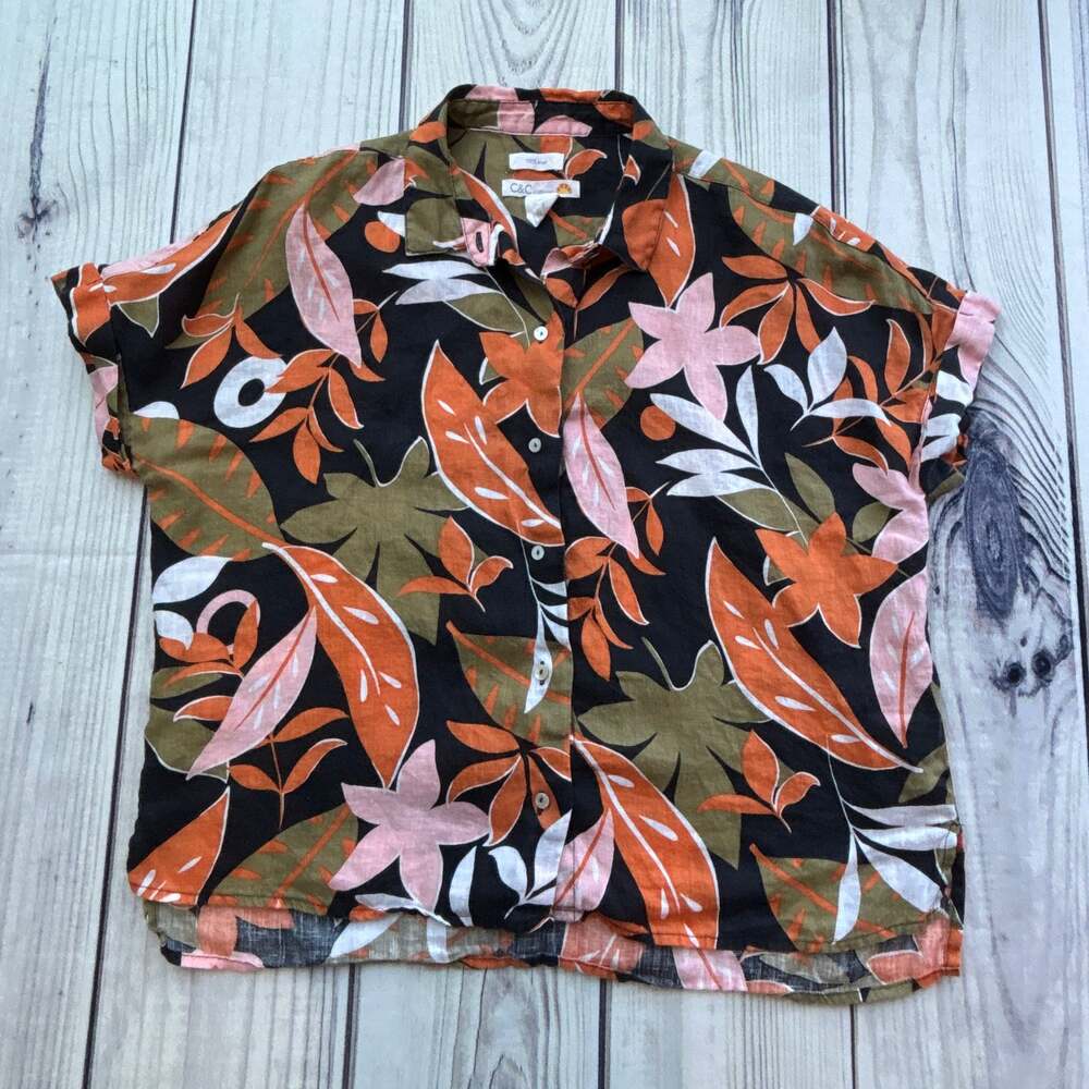 C&C California 100% Linen SZ S Floral Boho Festival Vacation Travel Top Shirt - Picture 3 of 6